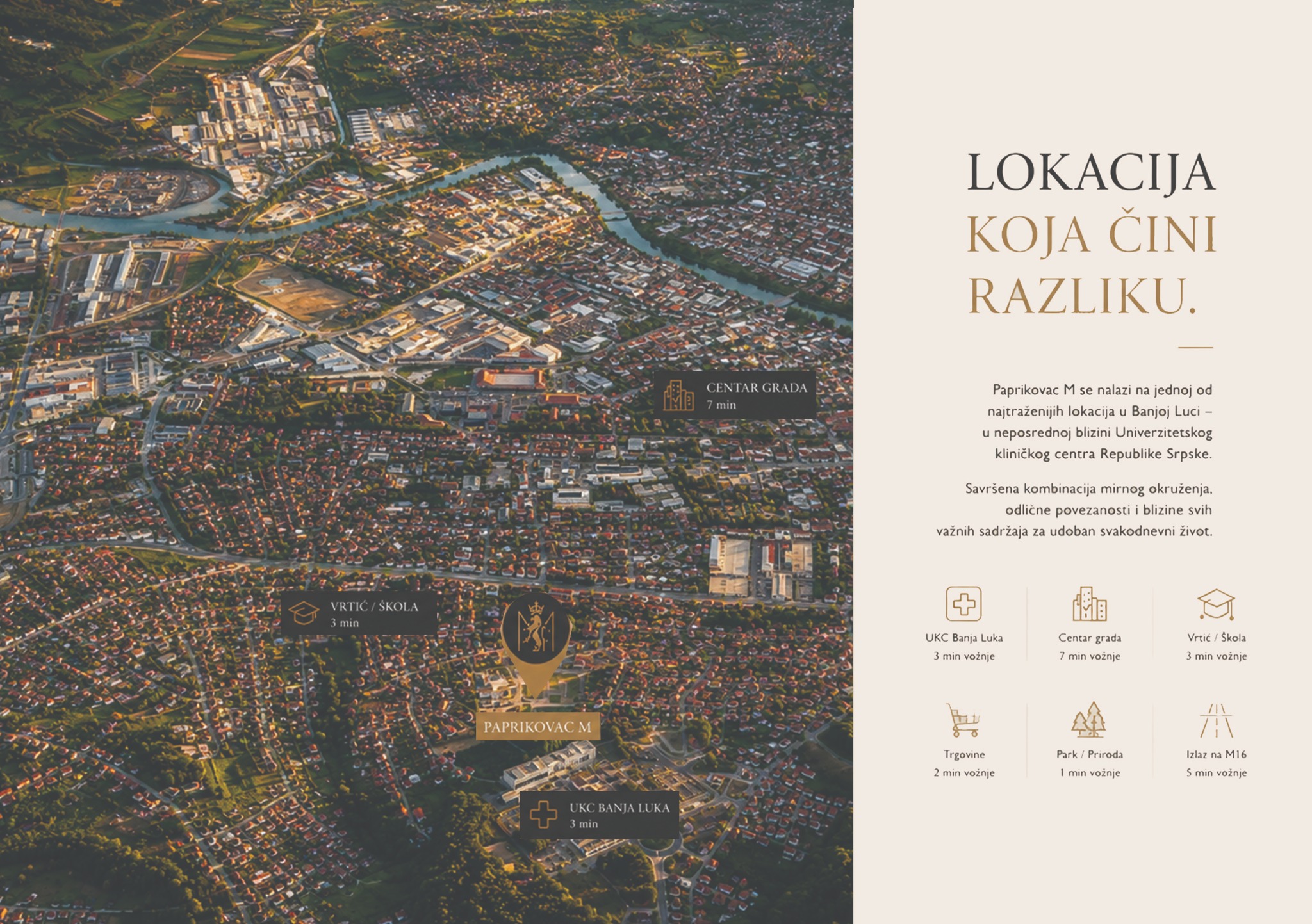 Prikaz lokacije projekta Paprikovac M u Banjoj Luci sa označenim važnim sadržajima